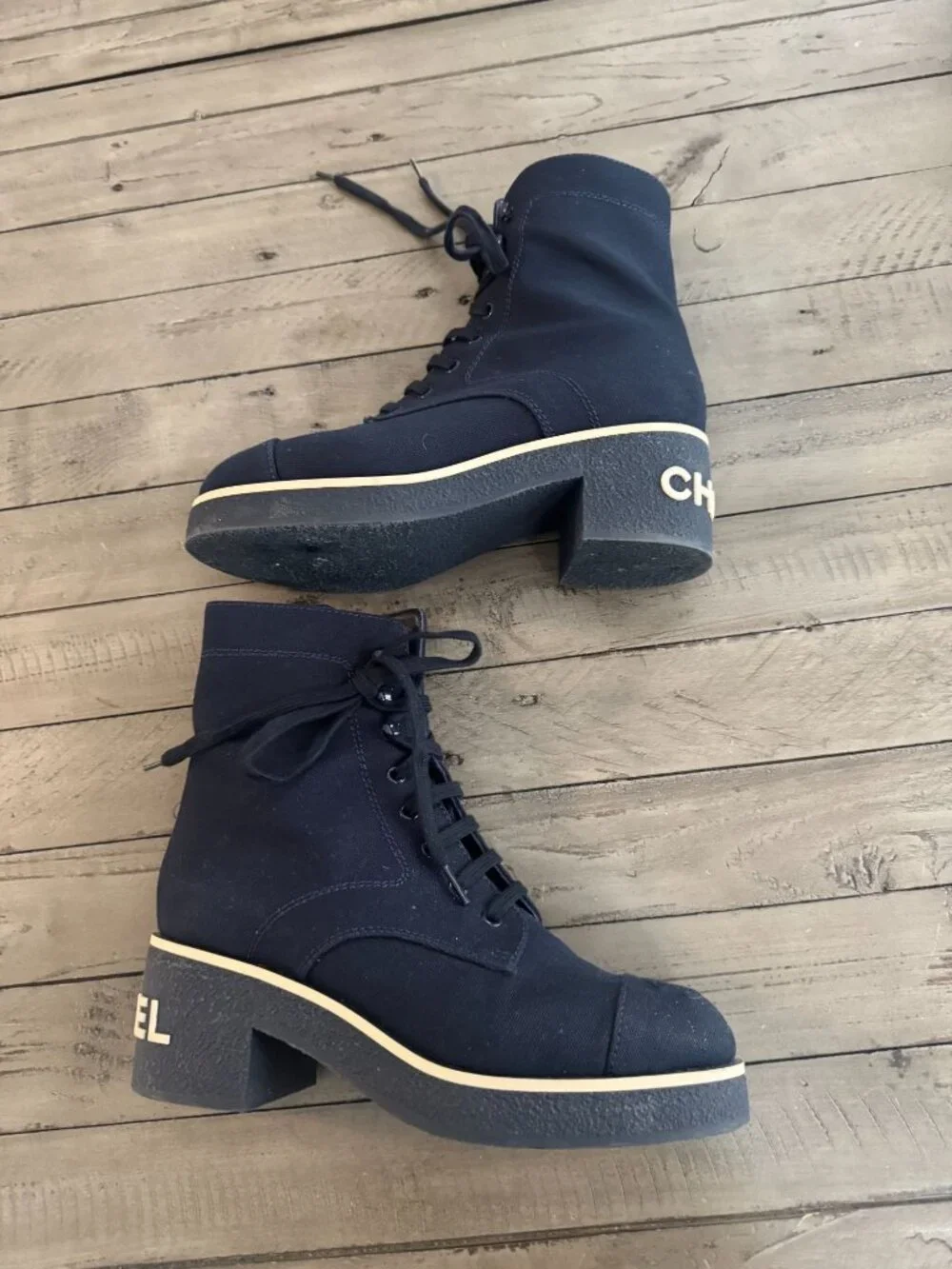 CHANEL Interlocking CC Logo Combat Boots Navy Blue Size 37.5